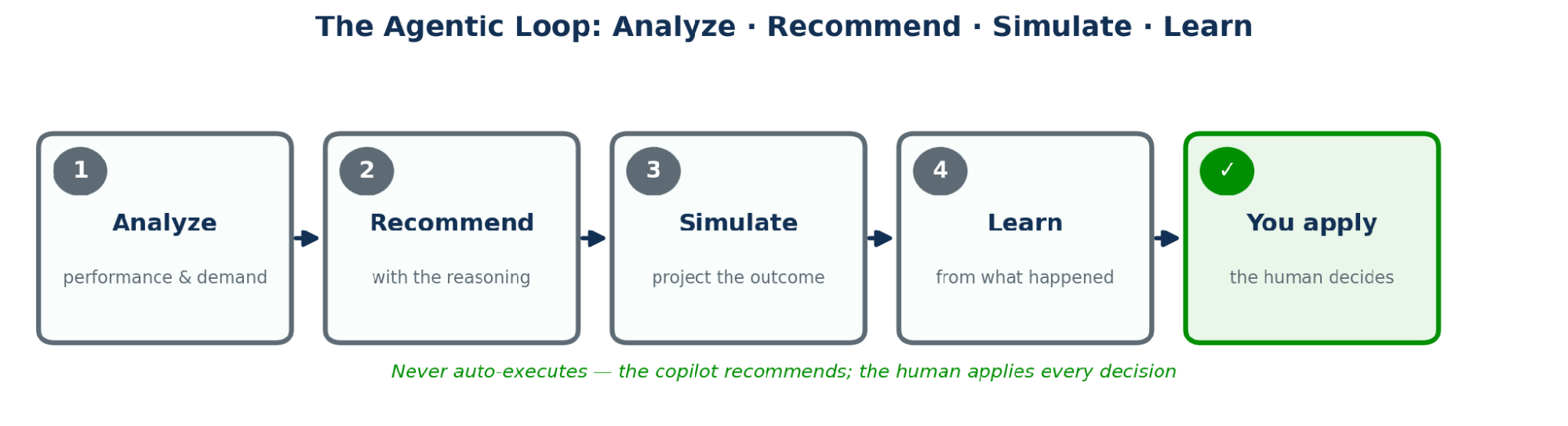 Process diagram of the agentic loop: analyze, recommend with reasoning, simulate the outcome, learn from what happened, and the human applies the decision.