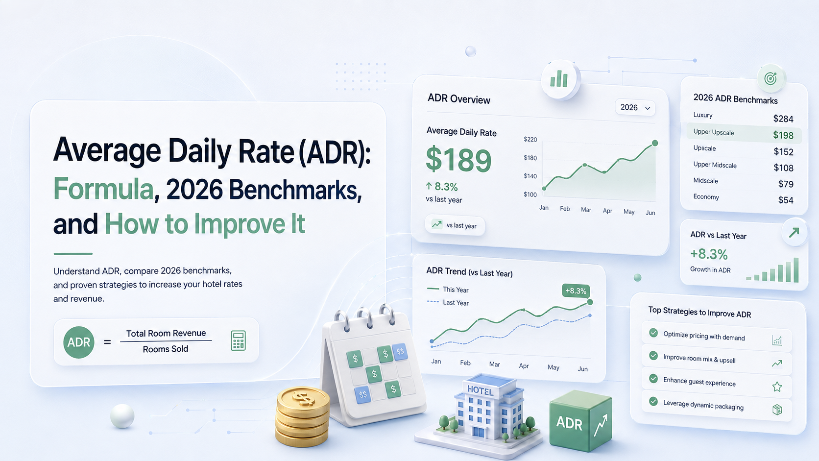 Average Daily Rate (ADR) formula, what counts as room revenue, 2026 U.S. benchmarks, and the segment mix effect