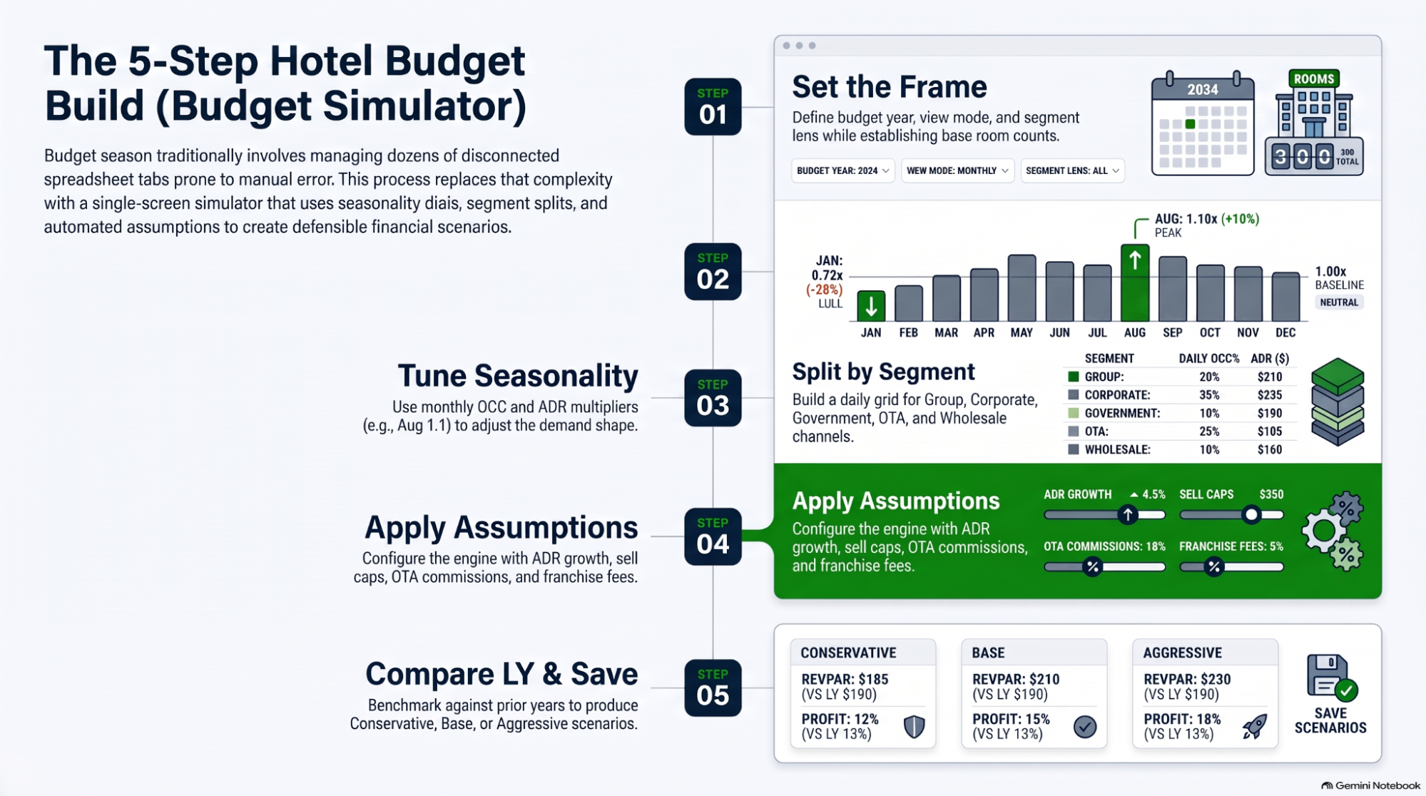 Vertical five-step infographic showing how a hotel budget simulator builds an annual budget: set the frame, tune seasonality, split by segment, apply assumptions, compare last year and save