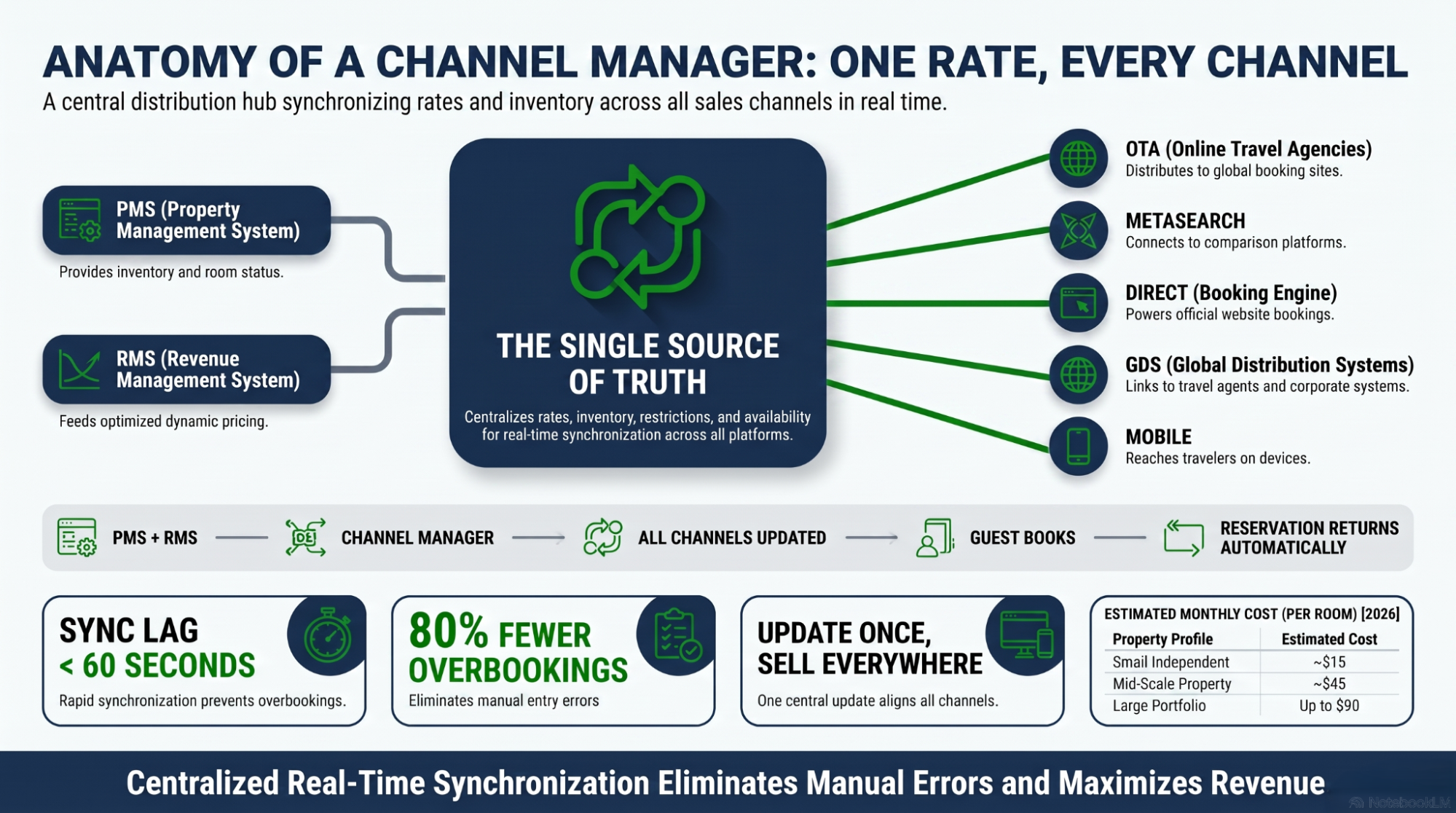 Infographic — Anatomy of a channel manager: PMS and RMS feed a single source of truth that distributes to OTA, metasearch, direct, GDS and mobile, with sync lag under 60 seconds and 80% fewer overbookings.