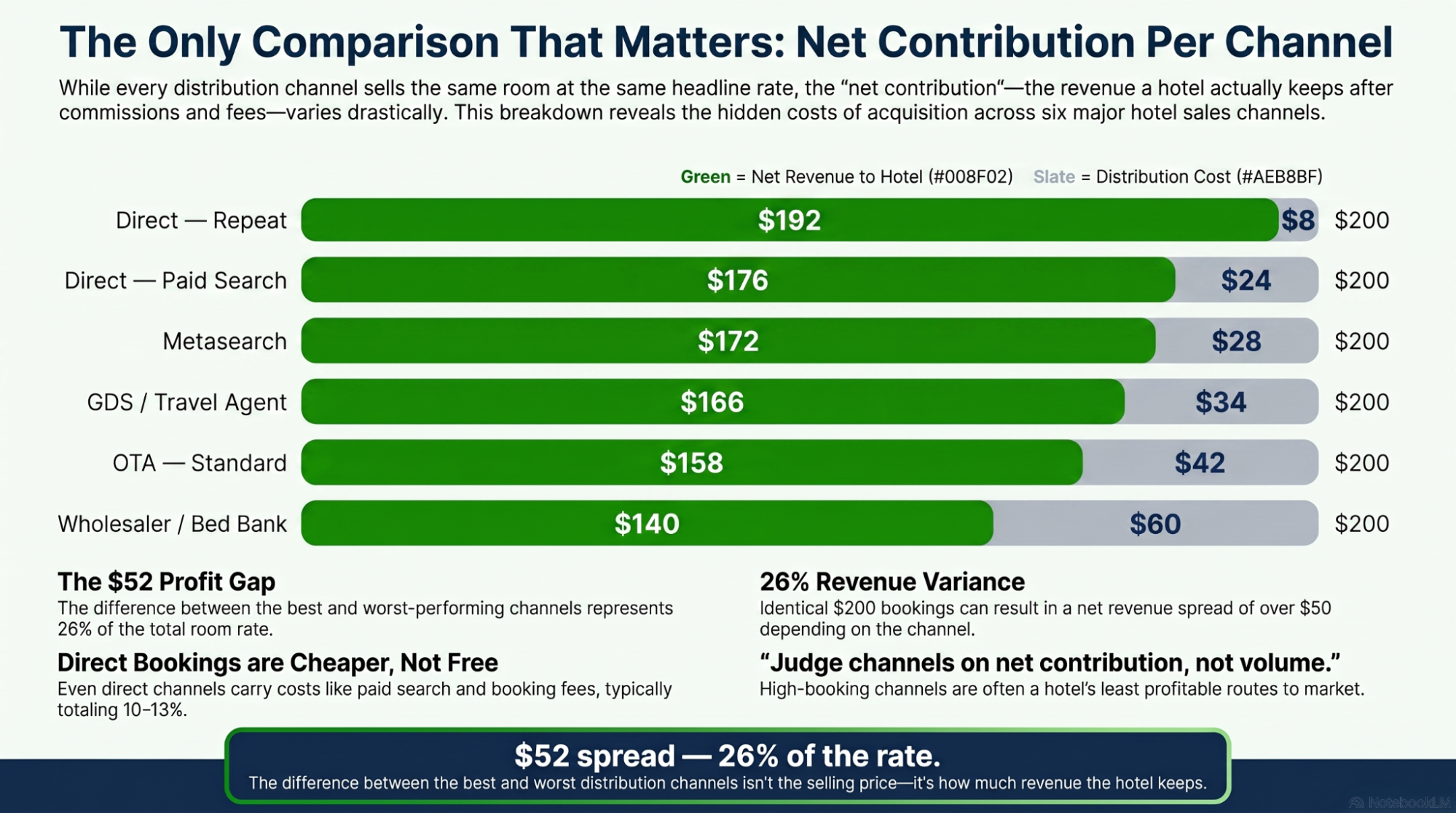 Infographic — what a $200 booking is actually worth by channel, from repeat direct at $192 down to wholesale at $140.