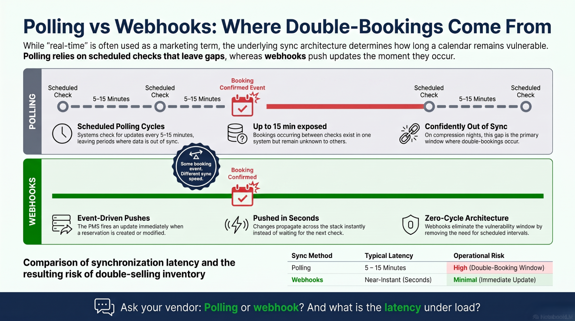 Infographic — polling vs webhooks: where double-bookings come from, and how the sync gap creates them.