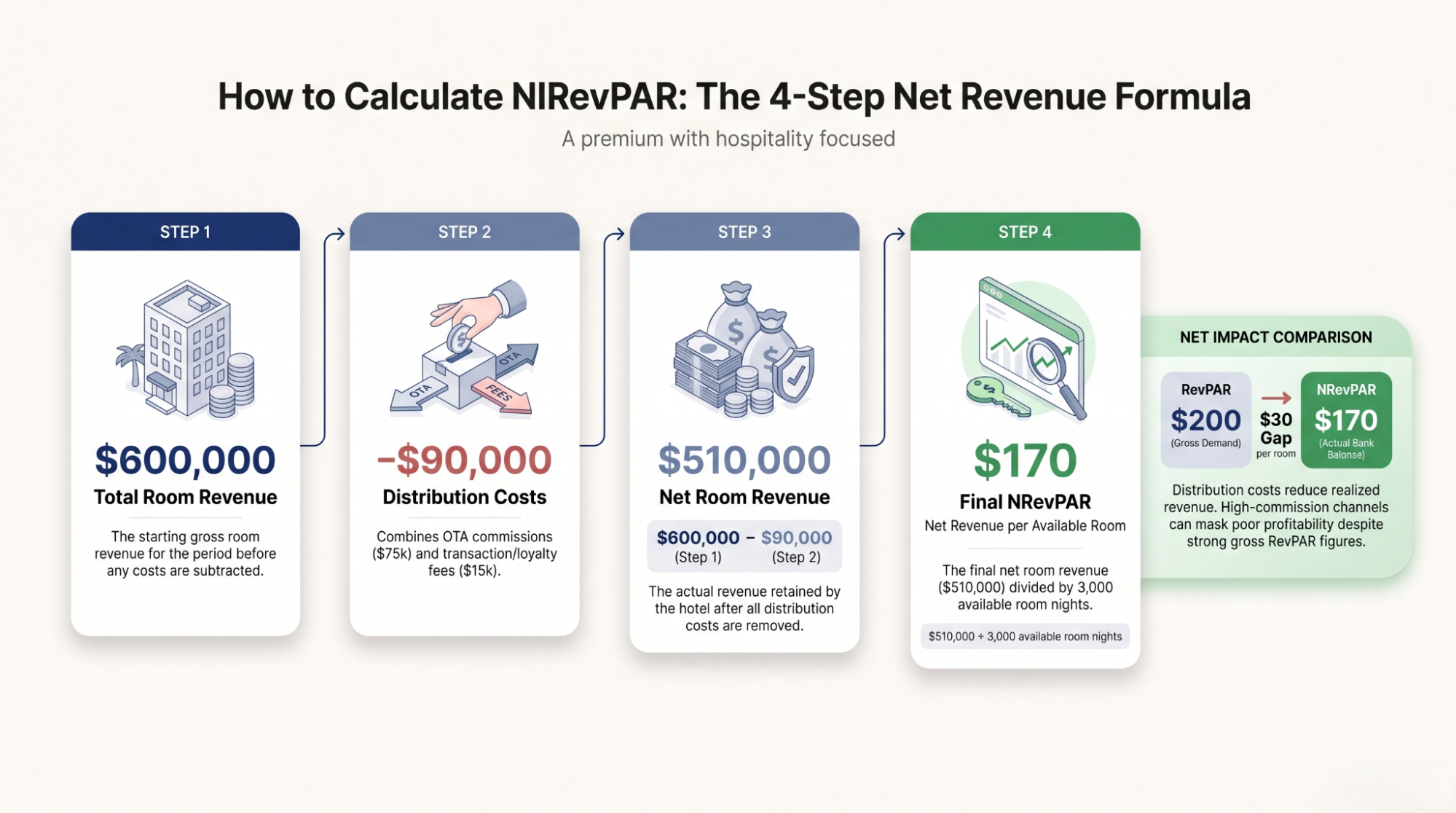 Infographic showing the NRevPAR formula, a worked example, and the split between gross RevPAR and net revenue kept.