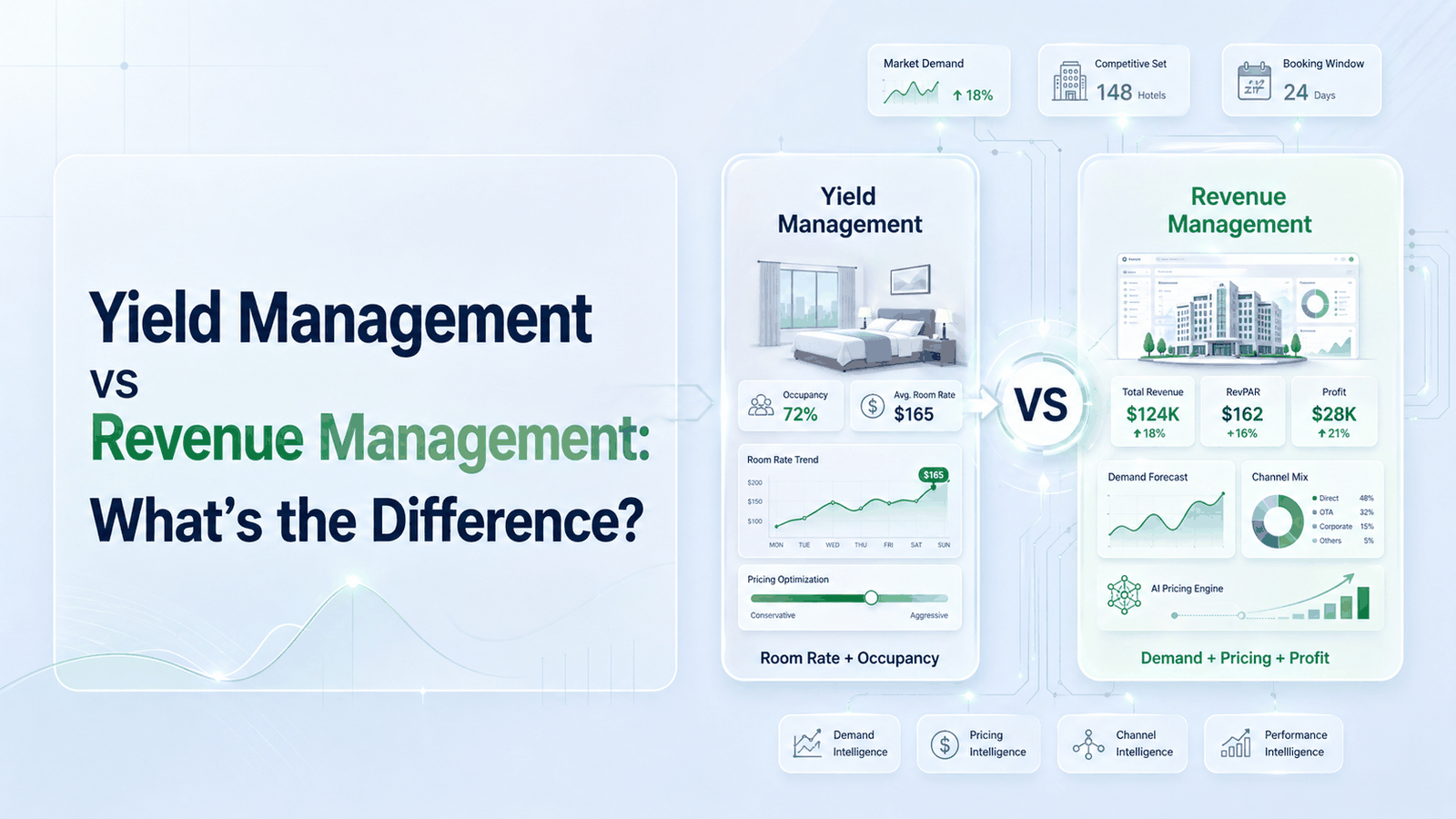 Yield management vs revenue management comparison: 1980s sell-or-hold discipline vs modern multi-channel revenue management with agentic AI evolution